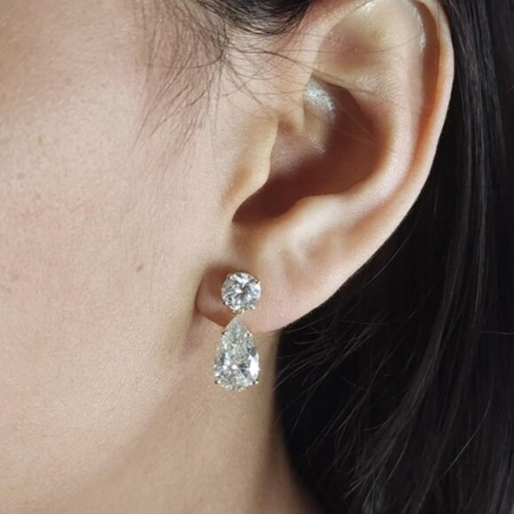 14Kt Gold 6 Ct 2 Stone Pear & Round Earrings Lab Grown Diamond Studs - Picture 1 of 4
